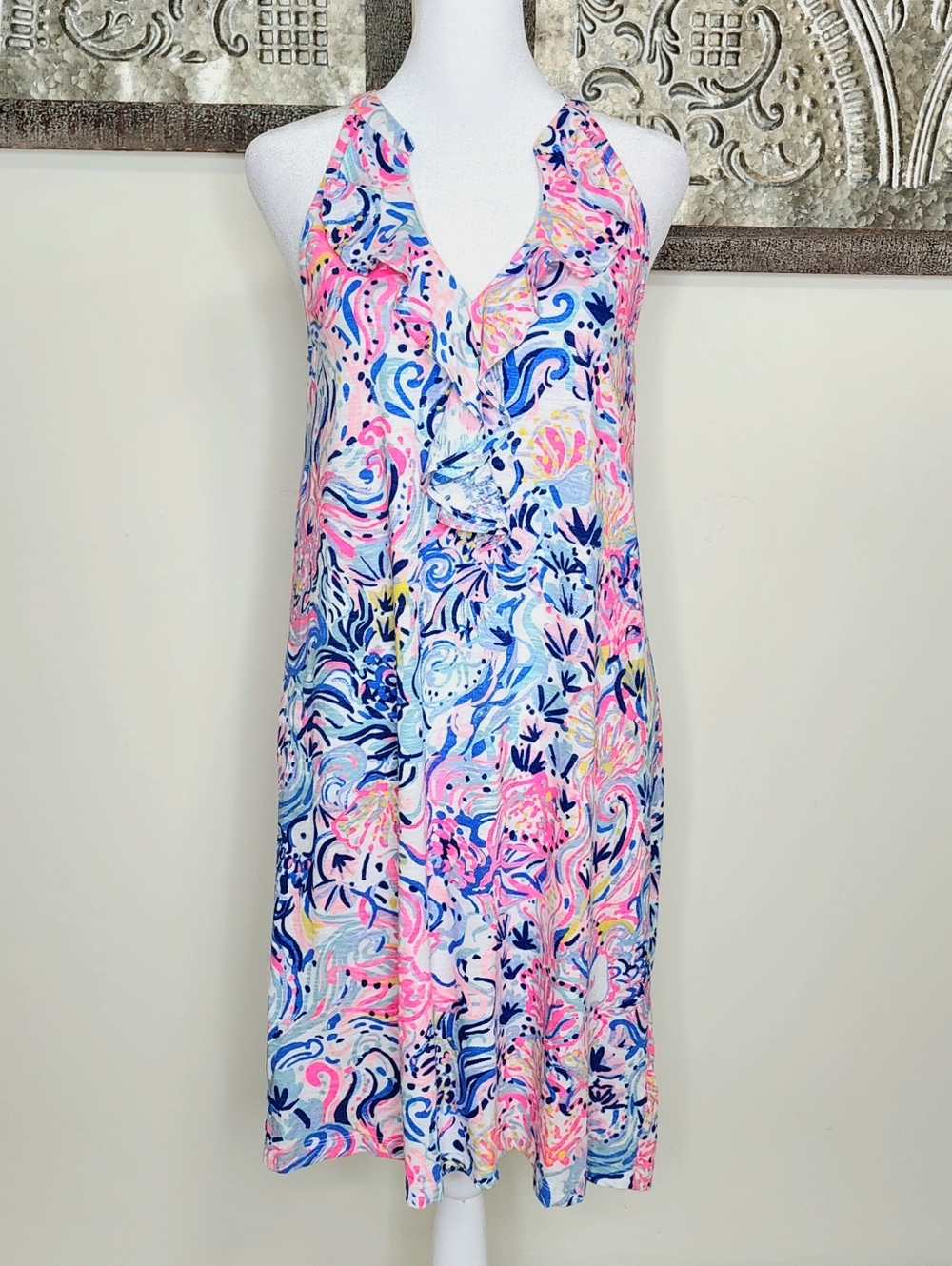 Lilly Pulitzer Sleeveless Ruffle V-Neck Multicolor Waves Summer Dress Sm Resort
